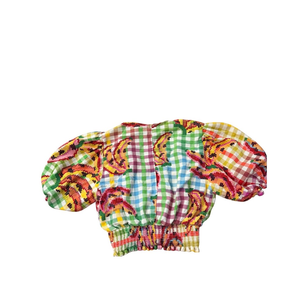 Farm Rio Gingham Fruit Floral Smocked Crop Top Puff Sleeve V-Neck Brazil Small - Picture 5 of 5